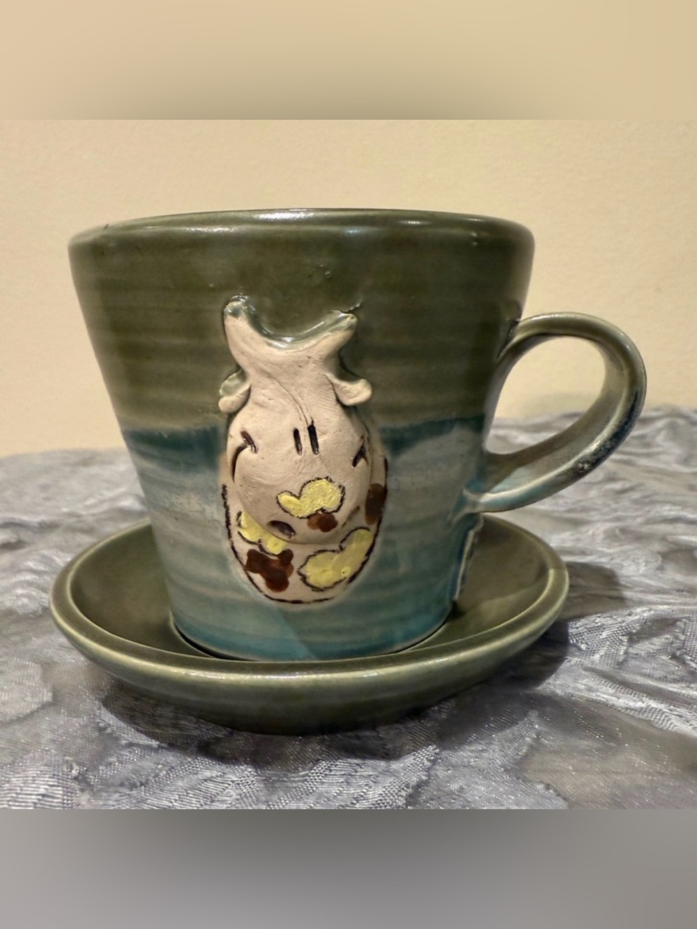 Artisan Studio Pottery Cow Mug & Saucer Set - Hand Thrown Blue Green Glaze